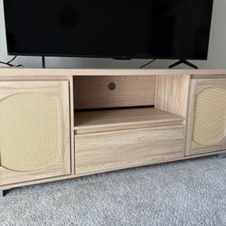 Boho TV Stand for 65 inch TV, Rattan Entertainment Center with Doors and Adjustable Shelves, Bohemian TV Console with Storage for Living Room/Bedroom