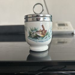 This item is a vintage Royal Worcester porcelain egg coddler featuring a bird pattern