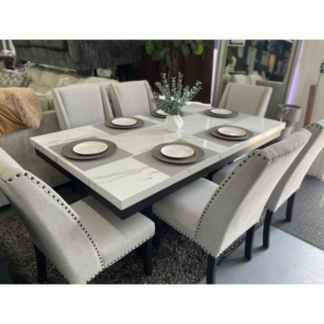 7 piece faux marble top dining table set 72"L x 42"W x 30"H
