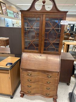 Secretary Desk w/4 Drawers And Glass Hutch