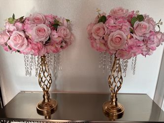 $25 Tall Gold Floral Centerpieces with Crystal Drops – Set of 2