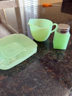 Set of 3 Jadeite-Style Green Glass Kitchen Collectibles – Creamer, Plate & Shaker