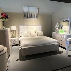 Grey King Bed, Dresser, Mirror And One Nightstand