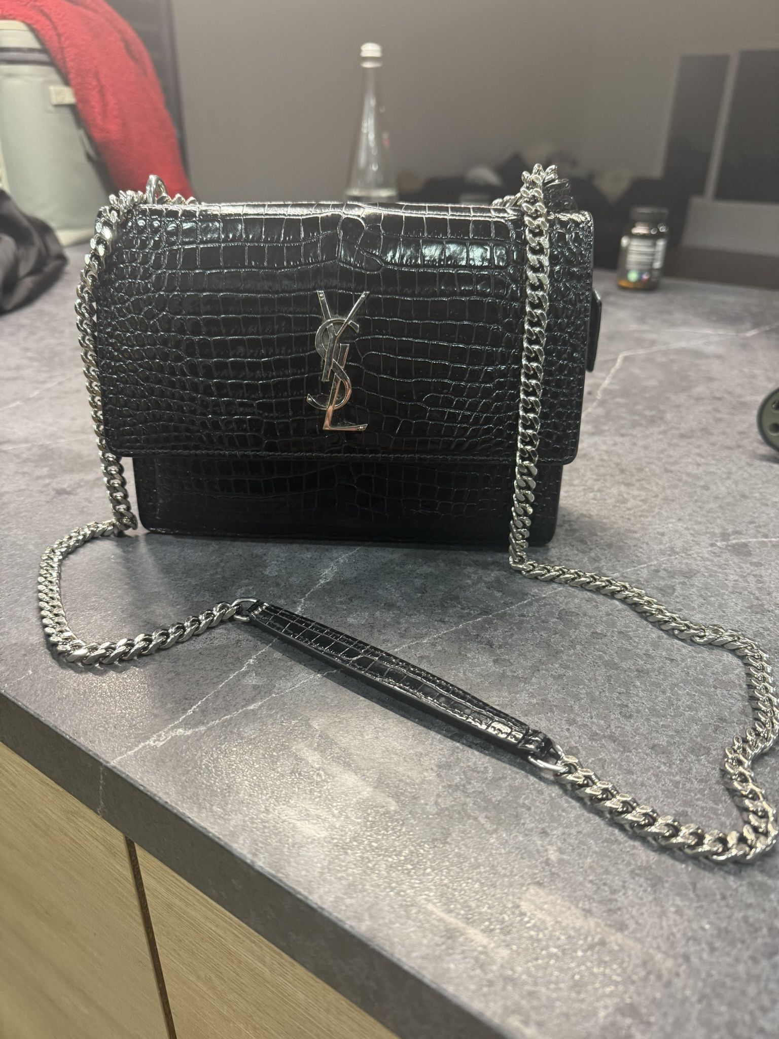 Women's Saint Laurent Sunset Medium Ysl Crossbody Bag in Croc-Embossed Leather