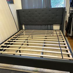 King Navy Upholstered Bed Frame