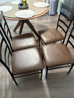 Set of 4 Dining Chairs Black Metal Brown Cushion