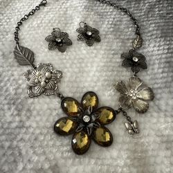 Flower Bib Statement Necklace & Earrings Set