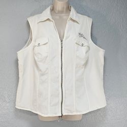 Harley Davidson Women’s Size 2W (22-24) White Denim Embroidered Zip Biker Vest
