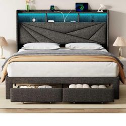 Driftalia LED Full Size Bed Frame with 2 Storage Drawers, Upholstered Full Bed Frame with Headboard and Charging Station, No Box Spring Needed, Easy t