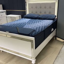 Valentino White Bedroom Set w/Led • King/Queen Bed, Dresser, Mirror, Chest, Nightstand /P