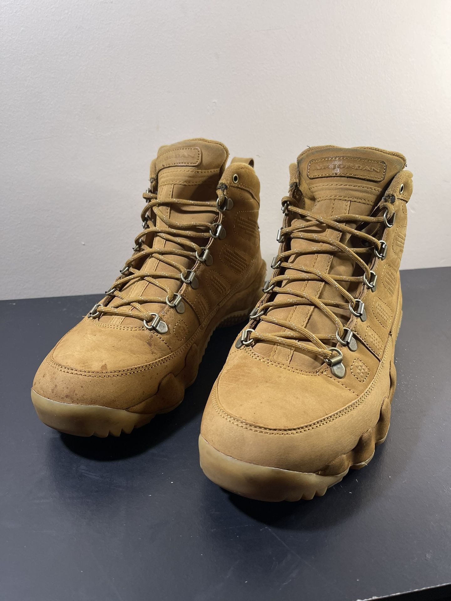 jordan 9 wheat on feet
