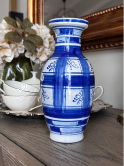 Vintage Blue & White Hand-Painted Porcelain Vase | Chinoiserie Cottage Style