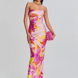 Retrofête Keaton Botanical Floral Silk Strapless Gown Maxi Dress