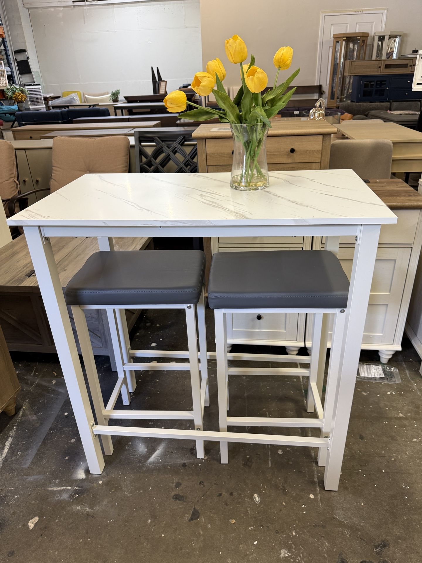 Bar Height Dining Table Set for 2, 3-Piece Pub Counter Height Tall Kitchen Table Set with 2 Backless Cushioned Stools, Faux Marble Breakfast Nook with