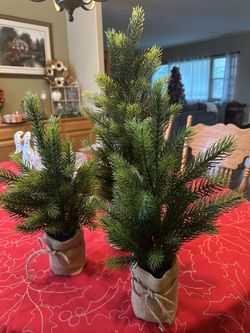 3 New Potted Faux Christmas Trees In Burlap