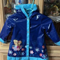 Disney Collection Frozen  Anna and Elsa  blue lined rain coat with hood Size 3
