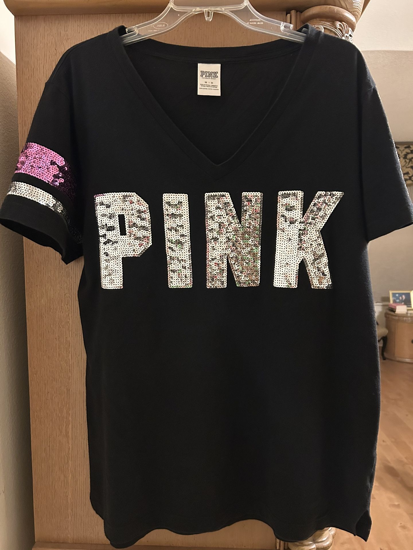Pink Victoria Secret Black Tee With Sequin Accents