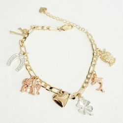 14k Gold Plated Trincolor 7 Power Charm Bracelet 