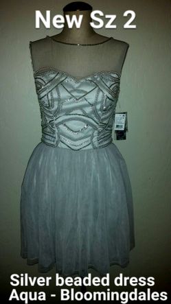 New Sz 2 Silver formal beaded dress by Aqua (from Bloomingdale's) prom homecoming new year's party nwt