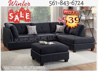 New black linen sofa sectional with ottoman