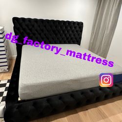 King Size Bed Frame Mattress Included   🔥  Black Velvet  Upholstery Bed Frame   🔥  Bonita Cama King Size Color Negra  Colchon Incluido
