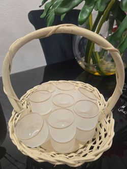 Frosted Glass Cups Set with Woven Basket