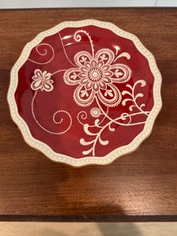 Pier 1 Imports Maribeth Ironstone Plates Set of 5 Burgundy Floral Gold Trim