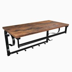 Industrial Coat Rack Shelf Wall Mounted, Hook Rack Shelf with Hanging Rail, 5 Metal Hooks and Upper Shelf for Storage Hallway Entryway Bathroom Bedroo