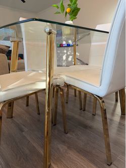 Modern Glass Dining Table Set w/ 4 White Chairs –