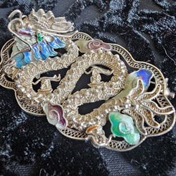 $150.00 - 1950's Chinese Cloisonne Silver DRAGON Brooch!  Authentic Stone Accents/Rare Find!  Lowest Price Offer!