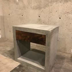 Modern Handmade Solid Concrete nightstand grey W/walnut drawer 