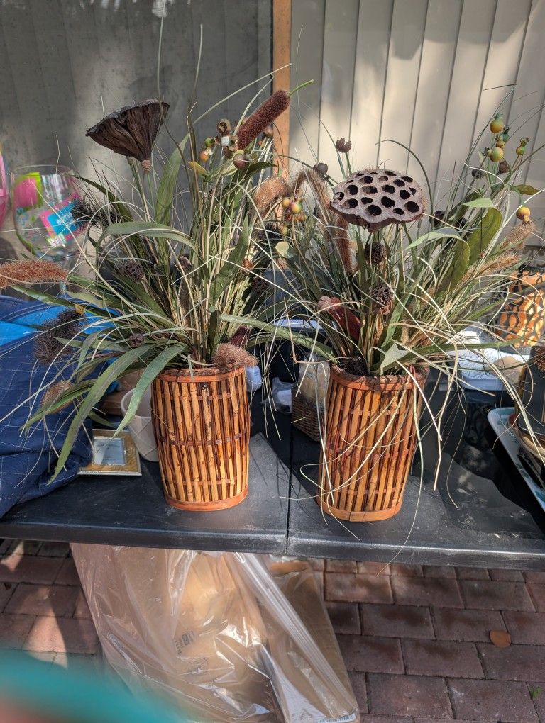 Bamboo Vases With Flowers. 20 Inches
