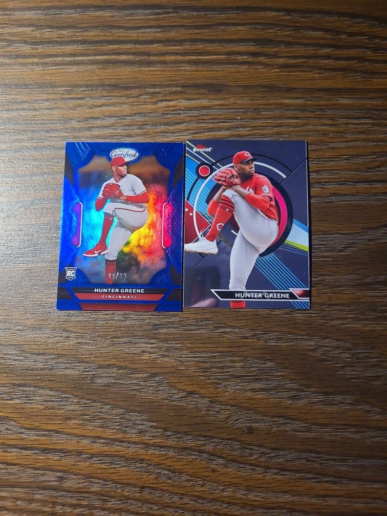 Hunter Greene 2 Card Lot. 2002 Certified Blue Mirror 22/99 RC. 2023 Topps Finest Chrome