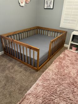 Queen bed and wood kid frame