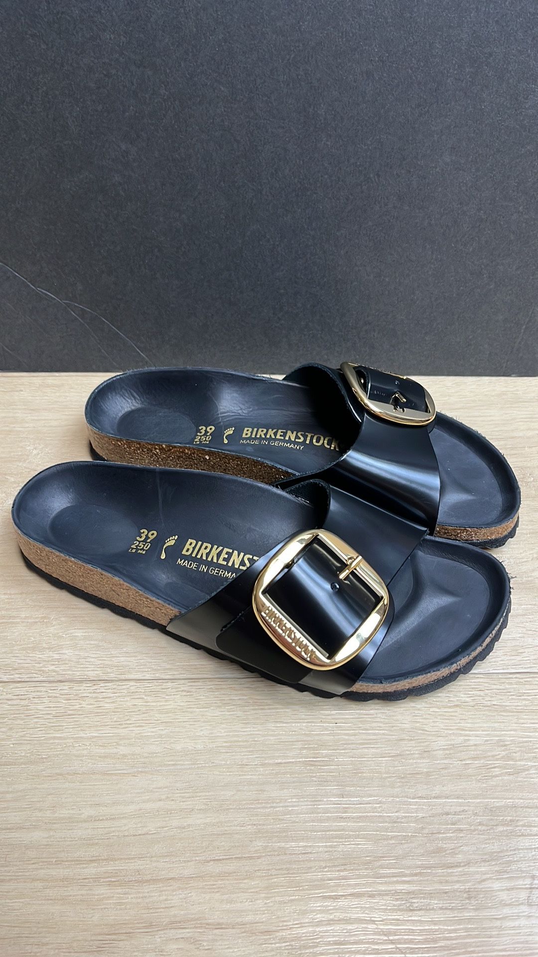 Birkenstock Madrid Big Buckle Slide Sandal, High Shine Black, 8-8.5US / 39EU
