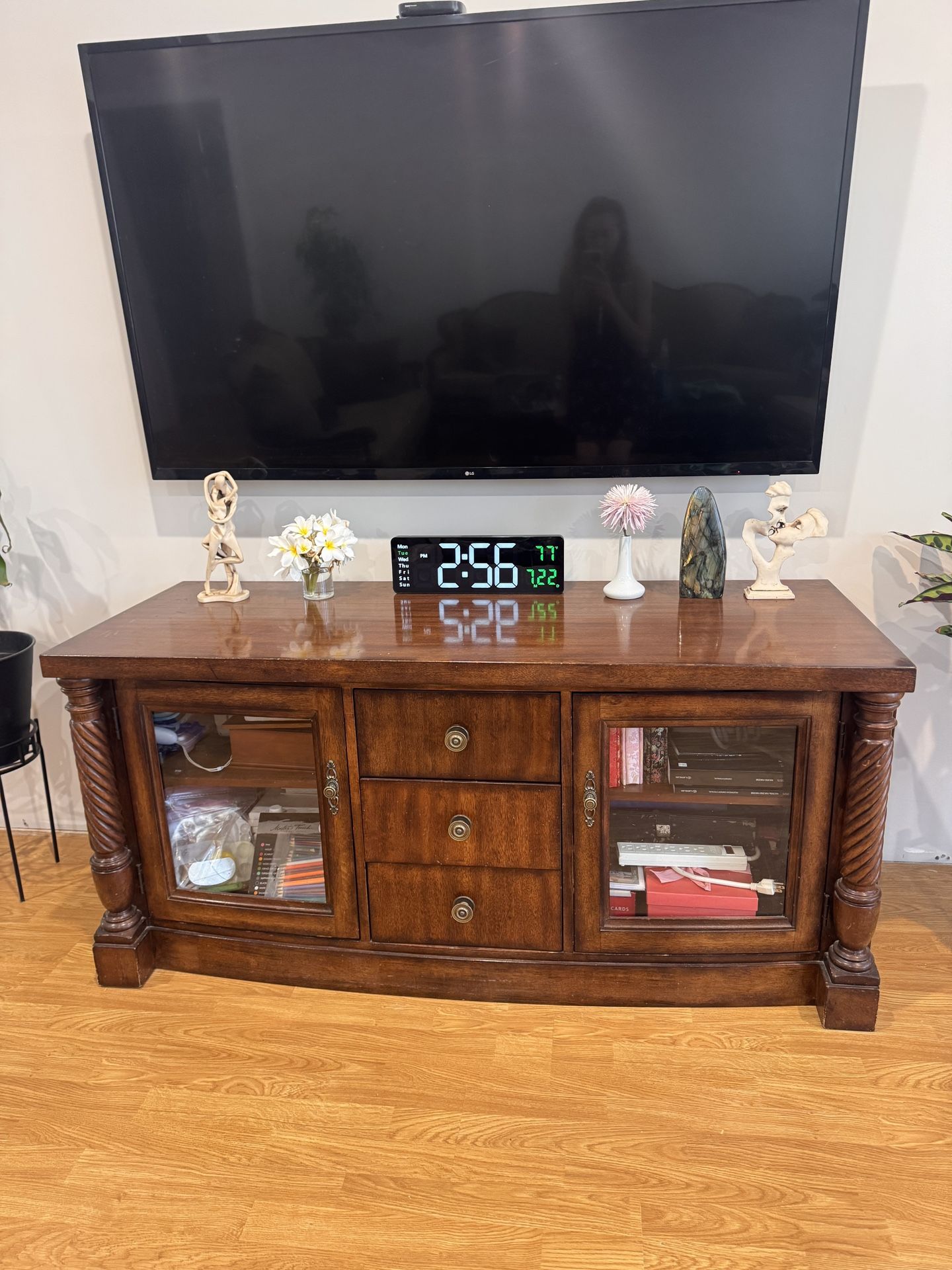 Solid Wood Entertainment Center with Glass Cabinets & Drawers