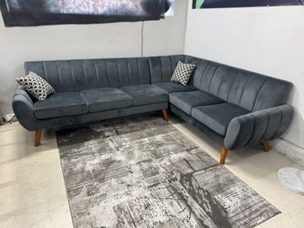 Silver Sectional With Pillows Wooden Frame