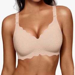 XL and 3X Buttery Soft, No Underwire, Scalloped, Push Up, Seamless, Full Coverage Convertible Jelly Bra, Jacquard Nude, NEW