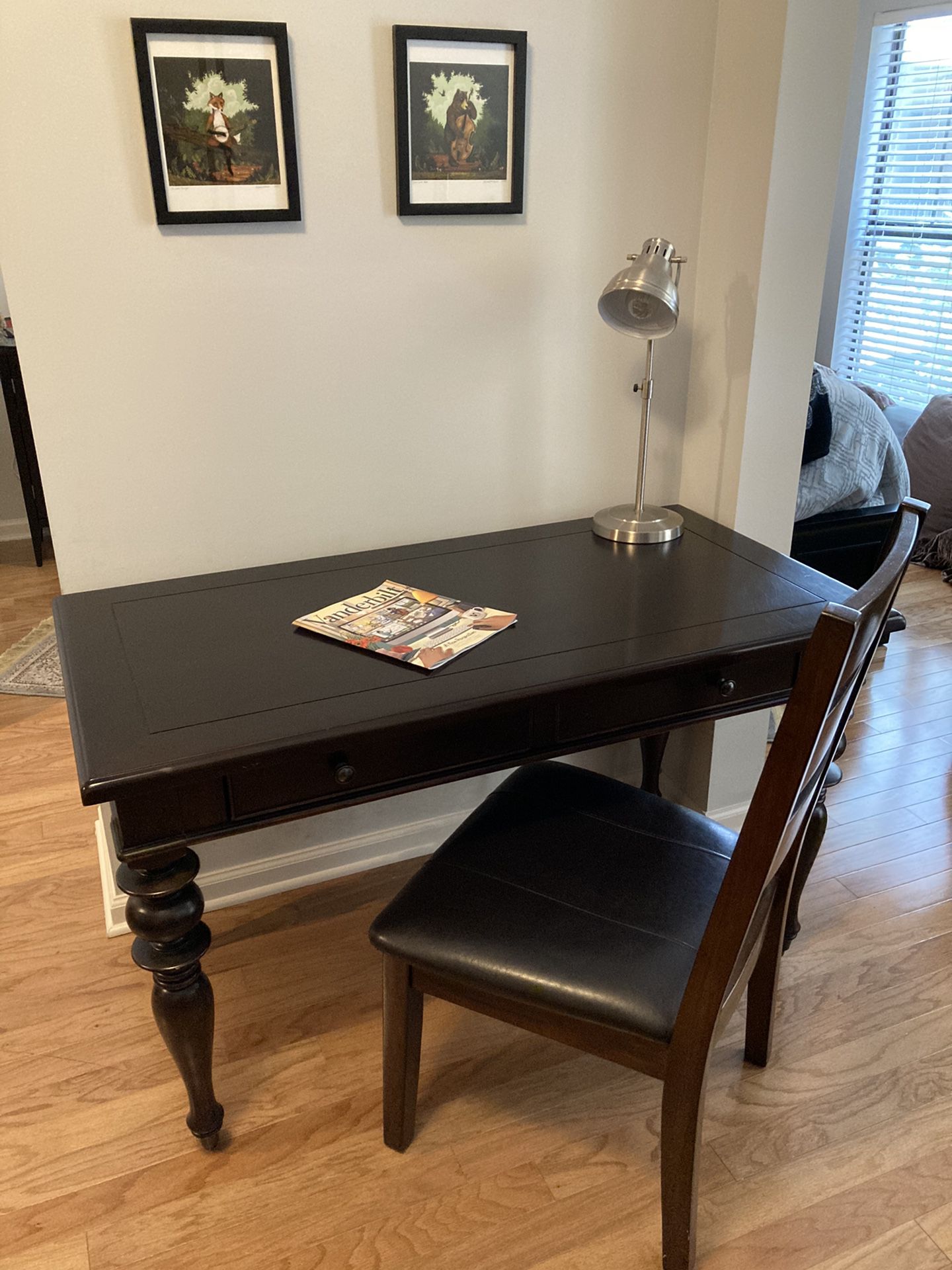 Dark Wood Desk and Wood Chair with Leather Seat