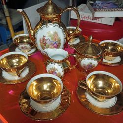 17 Piece Bavaria Porcelain Tea Set 24kt Gold  Overlay