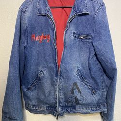 Playboy Mens Sz. M Denim Blue Jean Jacket Pacsun Zip Pocket Retro Art Work