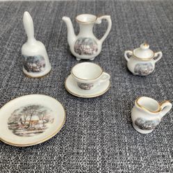 7 Pc AVON Small Treasures Miniature Porcelain Tea Set "Currier & Ives Winter Scene" - Japan 1997