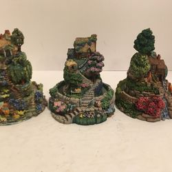 3  Franklin Mint Heirloom w/ a blend of powdered porcelain & Resin,( Stone Hill Cottage, Hill Haven Cottage & Lavender Hill Cottage-has no glass prote