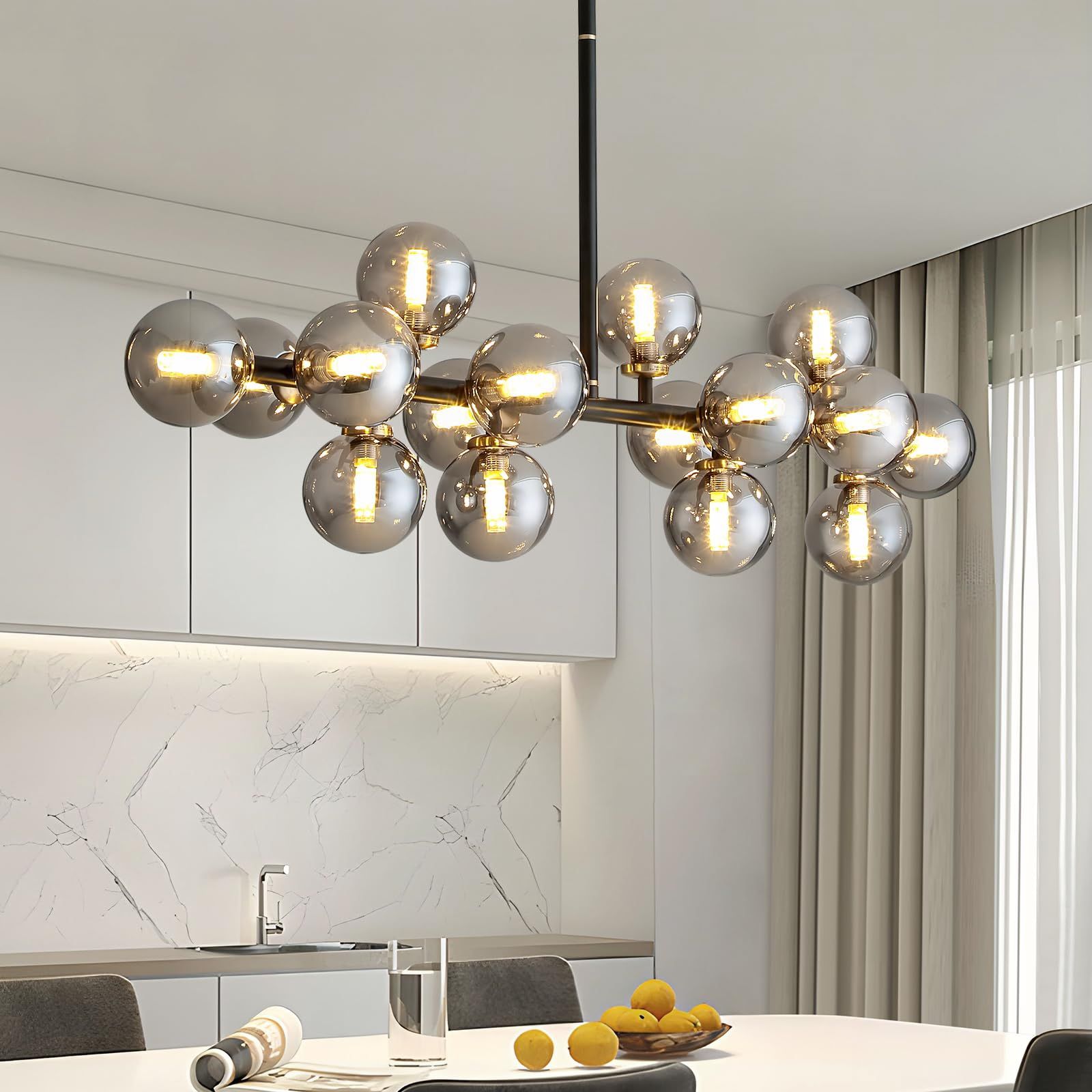 16 Lights Mid Century Modern Chandelier Black Linear Chandelier Light Fixtures Glass Globe Sputnik Pendant Light for Dining Room Kitchen Island (Smoke