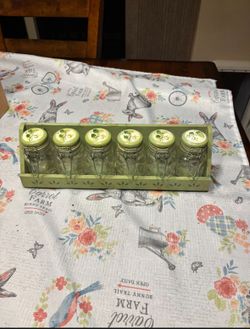 Vintage spice jars with metal rack