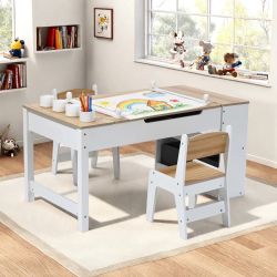 Brand New! Lift-Top Kids Activity Table and Chairs Set with Storage Bookcase and Hidden Paper Roller ,CF2159