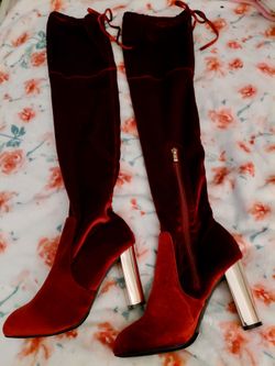 Thigh High (OnlyU) velour burgundy boots.