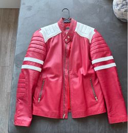 Red and White Leather Moto Jacket