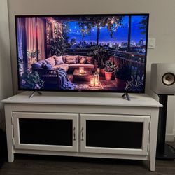 White Media Console with Glass Panel Cabinets