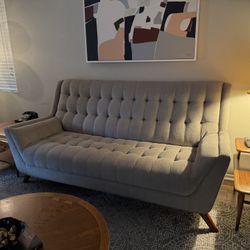Paxton Mid-Century Modern MCM Upholstered Light Gray Sofa Couch Tuffed
